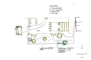 Detaliltegning af gårdsplads og måneskinsbed